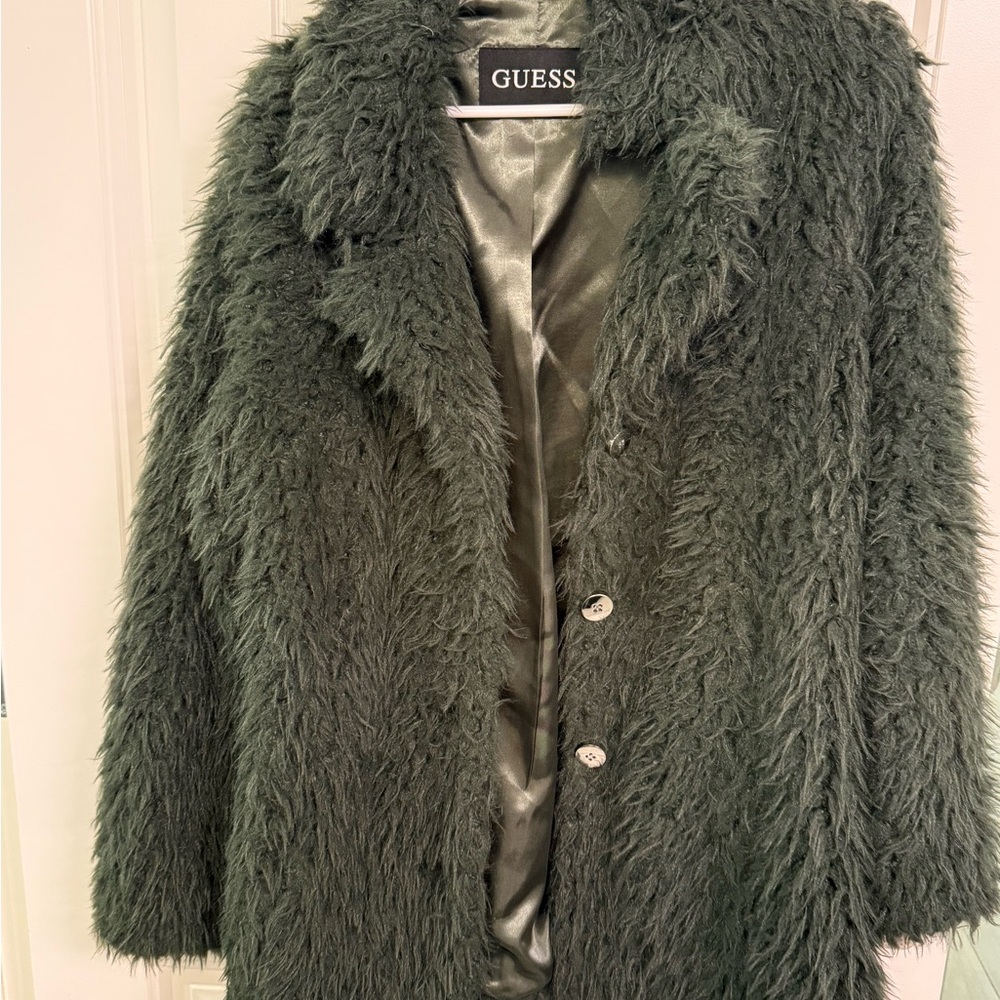 GUESS Dark Green Plush Faux Fur Teddy Jacket
